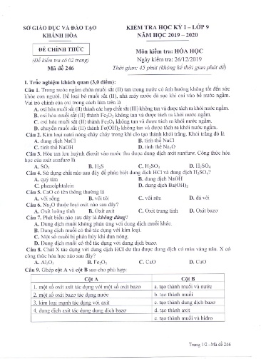 Đề kiểm tra học kỳ I môn Hóa học Lớp 9 - Mã đề 246 - Năm học 2019-2020 - Sở GD&ĐT Khánh Hòa (Kèm đáp án)