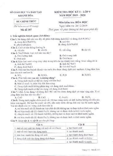 Đề kiểm tra học kỳ I môn Hóa học Lớp 9 - Mã đề 357 - Năm học 2019-2020 - Sở GD&ĐT Khánh Hòa (Kèm đáp án)