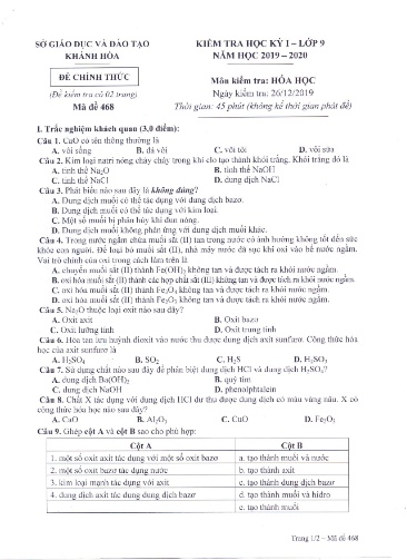 Đề kiểm tra học kỳ I môn Hóa học Lớp 9 - Mã đề 468 - Năm học 2019-2020 - Sở GD&ĐT Khánh Hòa (Kèm đáp án)