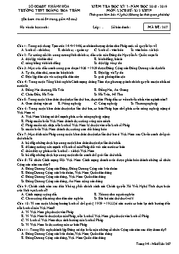 Đề kiểm tra học kỳ I môn Lịch sử Lớp 12 KHTN - Mã đề 267 - Năm học 2018-2019 - Trường THPT Hoàng Hoa Thám (Kèm đáp án và ma trận)