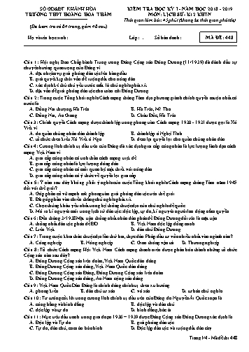 Đề kiểm tra học kỳ I môn Lịch sử Lớp 12 KHTN - Mã đề 448 - Năm học 2018-2019 - Trường THPT Hoàng Hoa Thám (Kèm đáp án và ma trận)