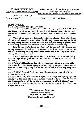 Đề kiểm tra học kỳ I môn Ngữ văn Lớp 10 - Năm học 2018-2019 - Trường THPT Hoàng Hoa Thám (Kèm đáp án và ma trận)