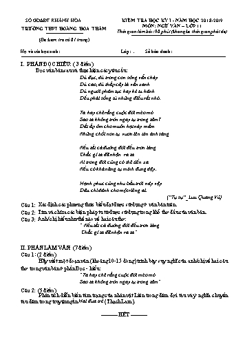 Đề kiểm tra học kỳ I môn Ngữ văn Lớp 11 - Năm học 2018-2019 - Trường THPT Hoàng Hoa Thám (Kèm đáp án và ma trận)