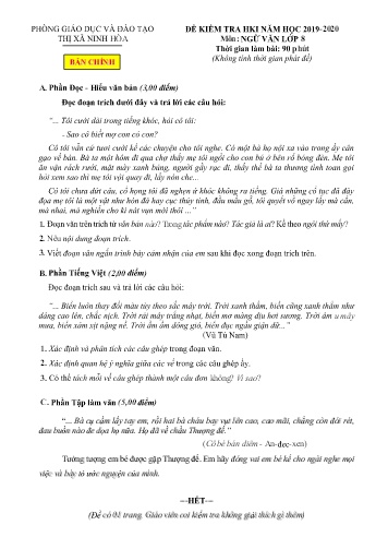 Đề kiểm tra học kỳ I môn Ngữ văn Lớp 8 - Năm học 2019-2020 - Phòng GD&ĐT Thị xã Ninh Hòa (Kèm đáp án)