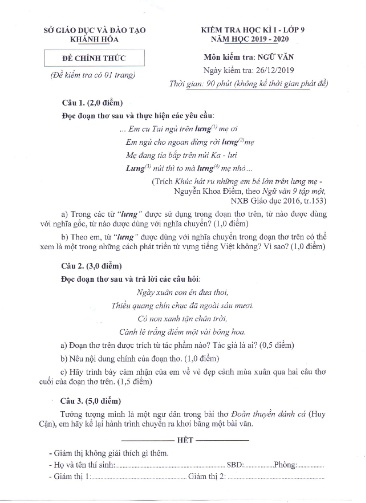 Đề kiểm tra học kỳ I môn Ngữ văn Lớp 9 - Năm học 2019-2020 - Sở GD&ĐT Khánh Hòa (Kèm đáp án)