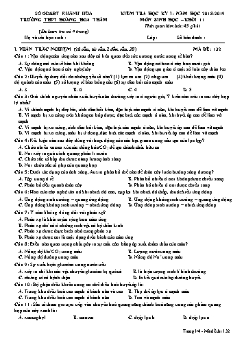 Đề kiểm tra học kỳ I môn Sinh học Khối 11 - Mã đề 132 - Năm học 2018-2019 - Trường THPT Hoàng Hoa Thám (Kèm đáp án và ma trận)