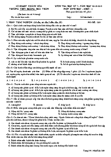 Đề kiểm tra học kỳ I môn Sinh học Khối 11 - Mã đề 209 - Năm học 2018-2019 - Trường THPT Hoàng Hoa Thám (Kèm đáp án và ma trận)
