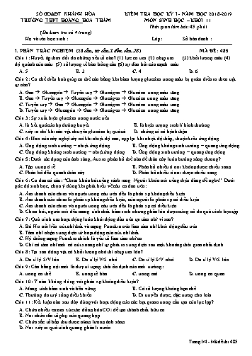 Đề kiểm tra học kỳ I môn Sinh học Khối 11 - Mã đề 485 - Năm học 2018-2019 - Trường THPT Hoàng Hoa Thám (Kèm đáp án và ma trận)