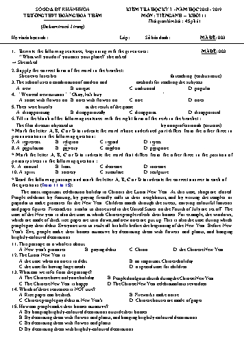 Đề kiểm tra học kỳ I môn Tiếng Anh Khối 11 - Mã đề 003 - Trường THPT Hoàng Hoa Thám