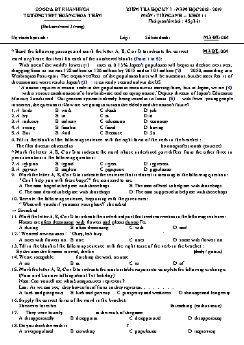 Đề kiểm tra học kỳ I môn Tiếng Anh Khối 11 - Mã đề 004 - Trường THPT Hoàng Hoa Thám