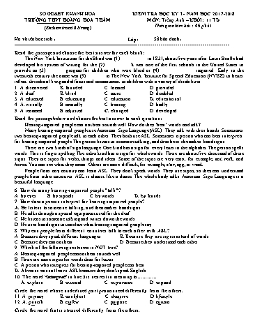 Đề kiểm tra học kỳ I môn Tiếng Anh Khối 11 - Năm học 2018-2019 - Trường THPT Hoàng Hoa Thám (Có đáp án)