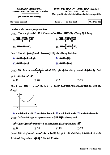 Đề kiểm tra học kỳ I môn Toán Lớp 10 - Mã đề 485 - Năm học 2018-2019 - Trường THPT Hoàng Hoa Thám (Kèm đáp án và ma trận)
