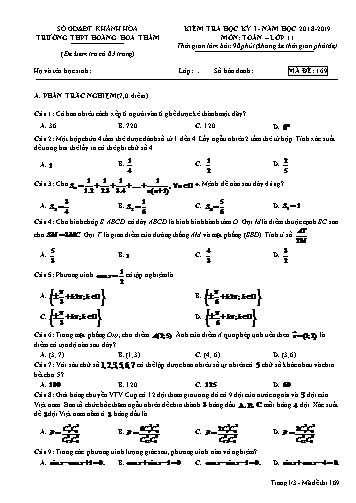 Đề kiểm tra học kỳ I môn Toán Lớp 11 - Mã đề 169 - Năm học 2018-2019 - Trường THPT Hoàng Hoa Thám (Kèm đáp án)