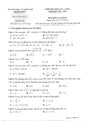 Đề kiểm tra học kỳ I môn Toán Lớp 9 - Mã đề 135 - Năm học 2019-2020 - Sở GD&ĐT Khánh Hòa (Kèm đáp án)