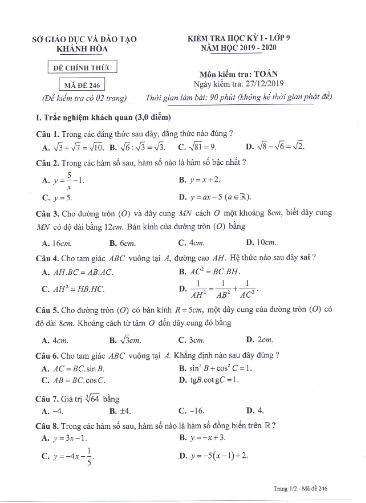 Đề kiểm tra học kỳ I môn Toán Lớp 9 - Mã đề 246 - Năm học 2019-2020 - Sở GD&ĐT Khánh Hòa (Kèm đáp án)