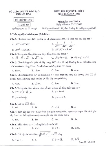 Đề kiểm tra học kỳ I môn Toán Lớp 9 - Mã đề 357 - Năm học 2019-2020 - Sở GD&ĐT Khánh Hòa (Kèm đáp án)