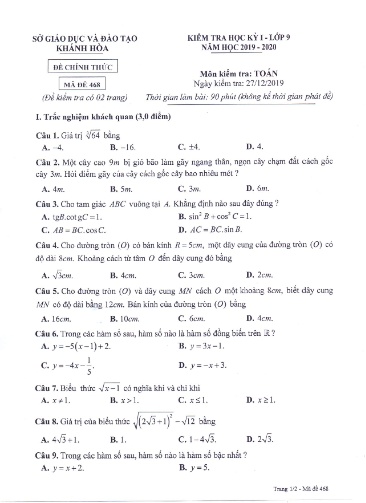 Đề kiểm tra học kỳ I môn Toán Lớp 9 - Mã đề 468 - Năm học 2019-2020 - Sở GD&ĐT Khánh Hòa (Kèm đáp án)