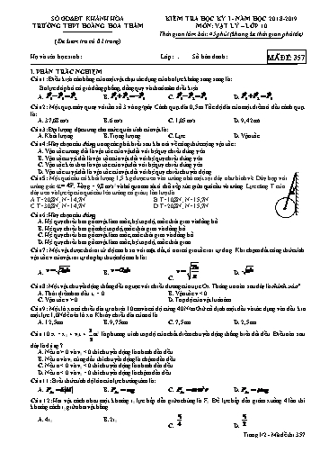 Đề kiểm tra học kỳ I môn Vật lý Lớp 10 - Mã đề 357 - Năm học 2018-2019 - Trường THPT Hoàng Hoa Thám (Kèm đáp án và ma trận)