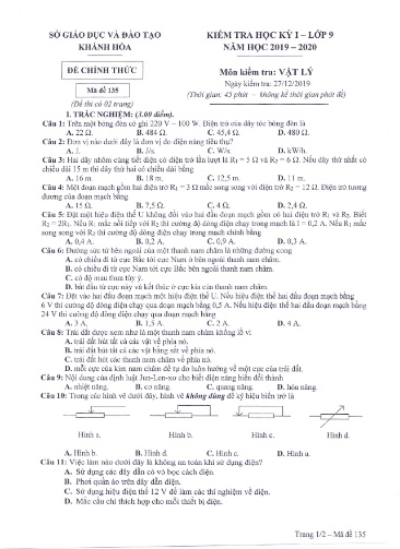 Đề kiểm tra học kỳ I môn Vật lý Lớp 9 - Mã đề 135 - Năm học 2019-2020 - Sở GD&ĐT Khánh Hòa (Kèm đáp án)