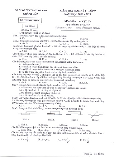 Đề kiểm tra học kỳ I môn Vật lý Lớp 9 - Mã đề 246 - Năm học 2019-2020 - Sở GD&ĐT Khánh Hòa (Kèm đáp án)