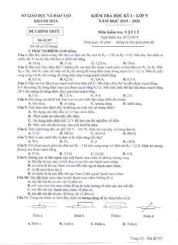 Đề kiểm tra học kỳ I môn Vật lý Lớp 9 - Mã đề 357 - Năm học 2019-2020 - Sở GD&ĐT Khánh Hòa (Kèm đáp án)