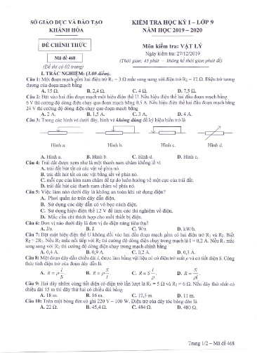 Đề kiểm tra học kỳ I môn Vật lý Lớp 9 - Mã đề 468 - Năm học 2019-2020 - Sở GD&ĐT Khánh Hòa (Kèm đáp án)