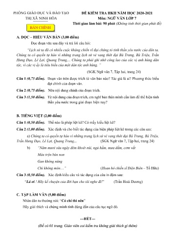 Đề kiểm tra học kỳ II môn Ngữ văn Lớp 7 - Năm học 2020-2021 - Phòng GD&ĐT Thị xã Ninh Hòa (Kèm đáp án)