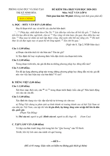 Đề kiểm tra học kỳ II môn Ngữ văn Lớp 8 - Năm học 2020-2021 - Phòng GD&ĐT Thị xã Ninh Hòa (Kèm đáp án)