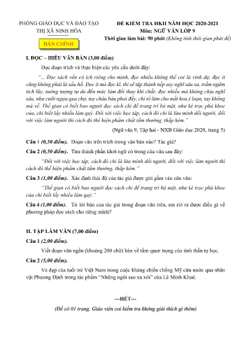 Đề kiểm tra học kỳ II môn Ngữ văn Lớp 9 - Năm học 2020-2021 - Phòng GD&ĐT Thị xã Ninh Hòa (Kèm đáp án)