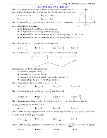 Đề minh họa thi THPT quốc gia môn Toán (Lần 1) - Năm học 2016-2017 (Có đáp án)