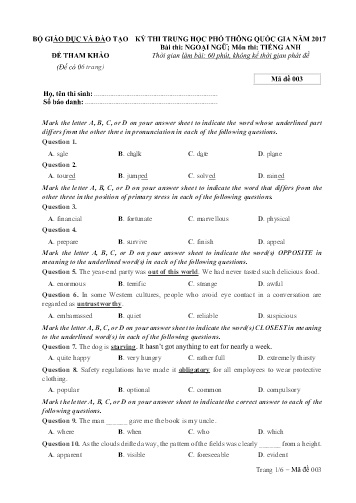 Đề tham khảo - Kỳ thi THPT quốc gia năm 2017 môn Tiếng Anh (Mã đề 003)