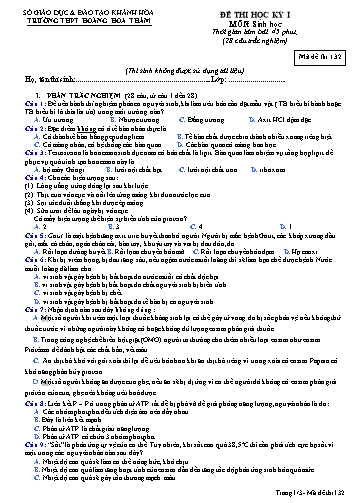 Đề thi học kỳ I môn Sinh học Lớp 10 - Mã đề 132 - Trường THPT Hoàng Hoa Thám (Kèm đáp án và ma trận)