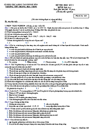 Đề thi học kỳ I môn Sinh học Lớp 10 - Mã đề 209 - Trường THPT Hoàng Hoa Thám (Kèm đáp án và ma trận)