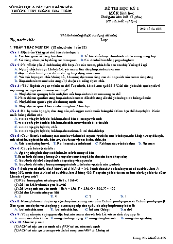 Đề thi học kỳ I môn Sinh học Lớp 10 - Mã đề 485 - Trường THPT Hoàng Hoa Thám (Kèm đáp án và ma trận)