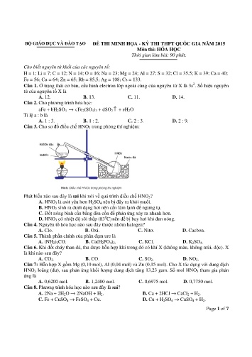 Đề thi minh họa - Kỳ thi THPT quốc gia năm 2015 môn Hóa học (Có đáp án)