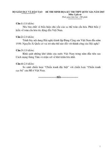 Đề thi minh họa - Kỳ thi THPT quốc gia năm 2015 môn Lịch sử (Có đáp án)