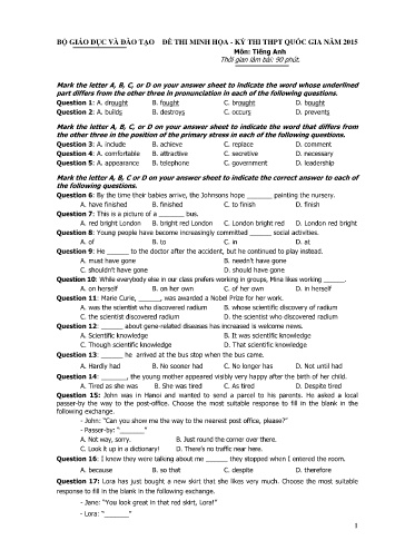 Đề thi minh họa - Kỳ thi THPT quốc gia năm 2015 môn Tiếng Anh (Có đáp án)
