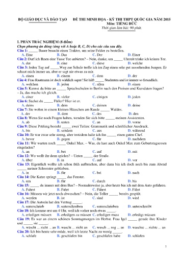 Đề thi minh họa - Kỳ thi THPT quốc gia năm 2015 môn Tiếng Đức (Có đáp án)
