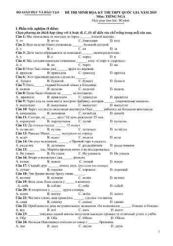 Đề thi minh họa - Kỳ thi THPT quốc gia năm 2015 môn Tiếng Nga (Có đáp án)
