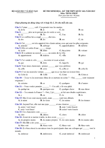 Đề thi minh họa - Kỳ thi THPT quốc gia năm 2015 môn Tiếng Pháp (Có đáp án)