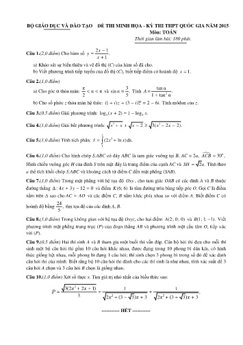 Đề thi minh họa - Kỳ thi THPT quốc gia năm 2015 môn Toán (Có đáp án)