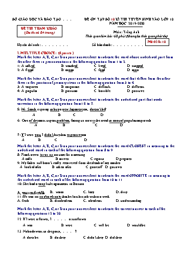 Đề thi tham khảo - Kì thi tuyển sinh Lớp 10 môn Tiếng Anh - Mã đề 10 - Năm học 2019-2020 (Có đáp án) Đề thi tham khảo - Kì thi tuyển sinh Lớp 10 môn Tiếng Anh - Mã đề 10 - Năm học 2019-2020 (Có đáp án)