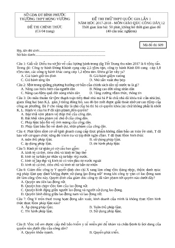 Đề thi thử THPT quốc gia môn Giáo dục công dân 12 (Lần 1) - Mã đề 609 - Năm học 2017-2018 - Trường THPT Hùng Vương (Có đáp án)