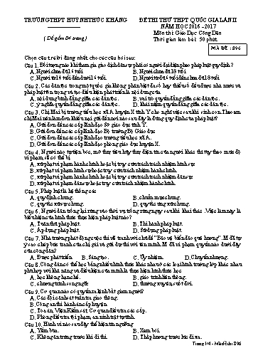 Đề thi thử THPT quốc gia môn Giáo dục công dân (Lần II) - Mã đề 896 - Năm học 2016-2017 - Trường THPT Huỳnh Thúc Kháng (Kèm đáp án)