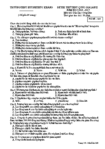 Đề thi thử THPT quốc gia môn Giáo dục công dân (Lần II) - Mã đề 209 - Năm học 2016-2017 - Trường THPT Huỳnh Thúc Kháng (Kèm đáp án)