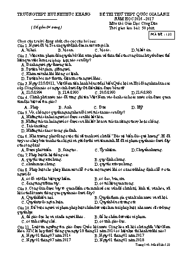 Đề thi thử THPT quốc gia môn Giáo dục công dân (Lần II) - Mã đề 132 - Năm học 2016-2017 - Trường THPT Huỳnh Thúc Kháng (Kèm đáp án)