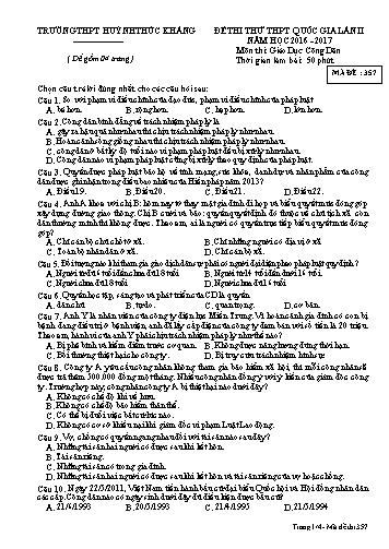 Đề thi thử THPT quốc gia môn Giáo dục công dân (Lần II) - Mã đề 357 - Năm học 2016-2017 - Trường THPT Huỳnh Thúc Kháng (Kèm đáp án)