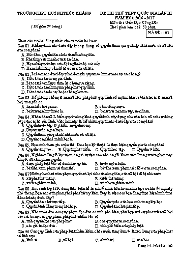 Đề thi thử THPT quốc gia môn Giáo dục công dân (Lần III) - Mã đề 102 - Năm học 2016-2017 - Trường THPT Huỳnh Thúc Kháng (Kèm đáp án)