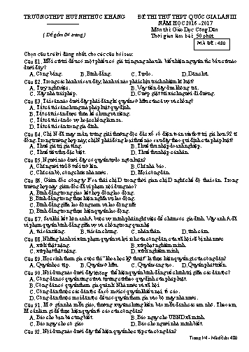 Đề thi thử THPT quốc gia môn Giáo dục công dân (Lần III) - Mã đề 480 - Năm học 2016-2017 - Trường THPT Huỳnh Thúc Kháng (Kèm đáp án)
