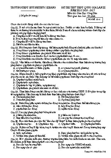 Đề thi thử THPT quốc gia môn Giáo dục công dân (Lần III) - Mã đề 516 - Năm học 2016-2017 - Trường THPT Huỳnh Thúc Kháng (Kèm đáp án)